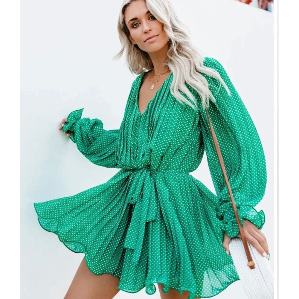 Endless Rose Green Polka Dot Pleated Long Sleeve Wide Leg Romper with Tie Waist - Picture 2 of 16